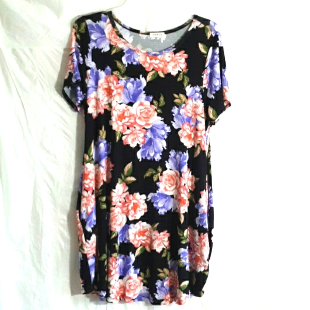 Viamor Black Floral Midi Short Sleeve Dress